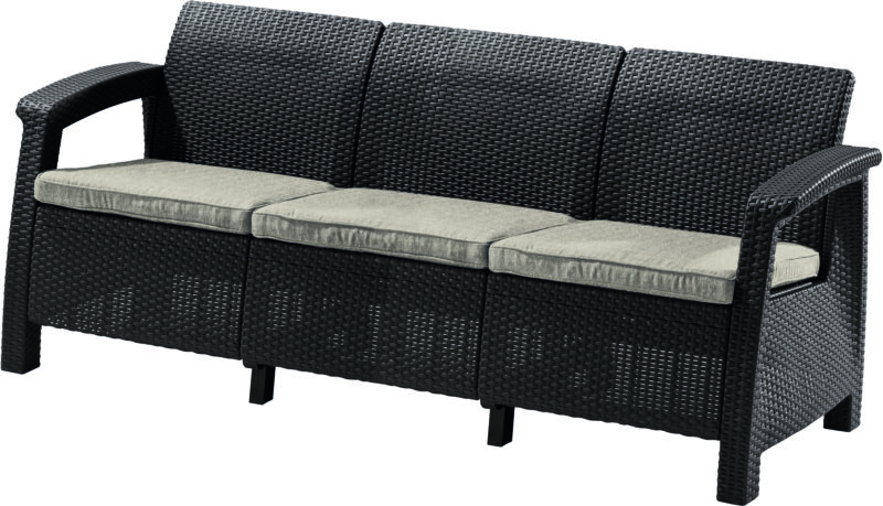 Sofa ogrodowa CORFU Kanapa na taras dla 3 osób (poduszki w zestawie) BRĄZ