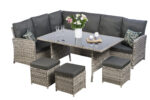 Zestaw mebli ogrodowych Barbados – 9-osobowy komplet narożnik z technorattanu + stół i pufy