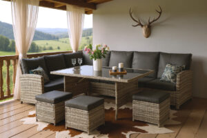 Meble ogrodowe BARBADOS – narożnik, stół i pufy dla 10 osób | Technorattan premium cappuccino