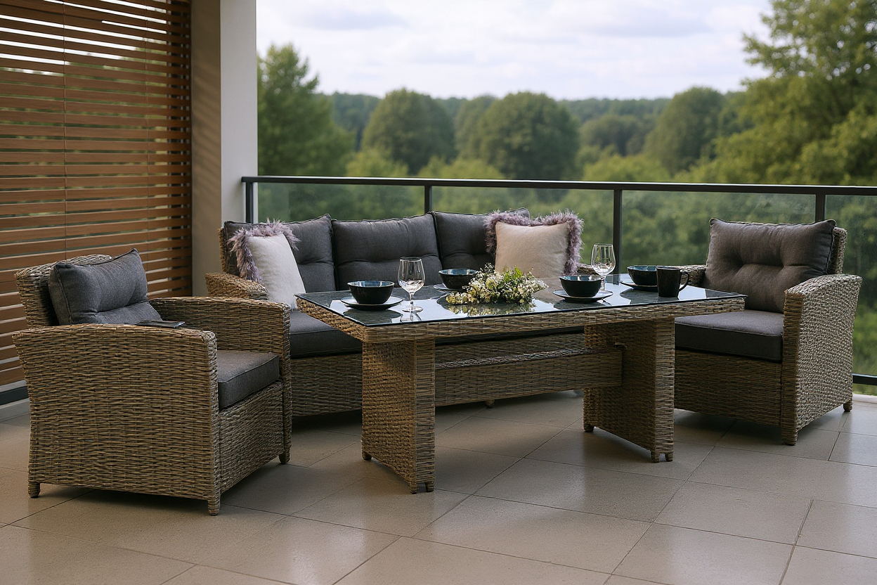 Komplet mebli ogrodowych Zestaw technorattan dla 5 osób na taras Sofa Fotele Stół - OUTSUNNY GLASS - obrazek 2