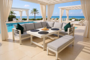 Duży Narożnik Aluminiowy zestaw mebli ogrodowych na taras Zakynthos White