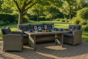 Meble technorattan OUTSUNNY WPC dla 5 osób Komplet mebli na taras do ogrodu Sofa Fotele Stół jadalniany