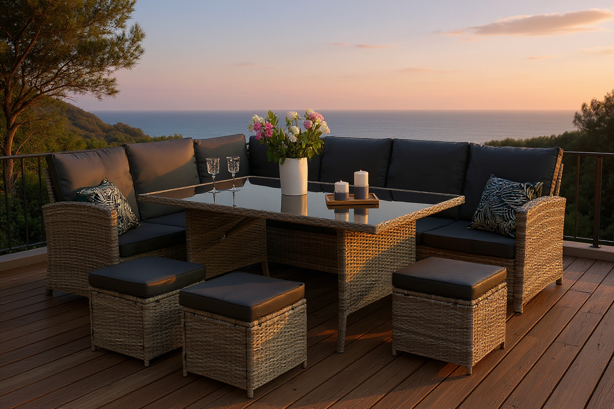 Meble ogrodowe BARBADOS – narożnik, stół i pufy dla 10 osób | Technorattan premium cappuccino - obrazek 2