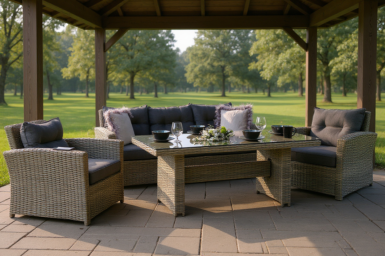 Komplet mebli ogrodowych Zestaw technorattan dla 5 osób na taras Sofa Fotele Stół - OUTSUNNY GLASS