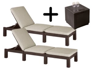 2 x Leżak Ogrodowy DAYTONA BRĄZ beżowe poduszki + Stolik CUBE