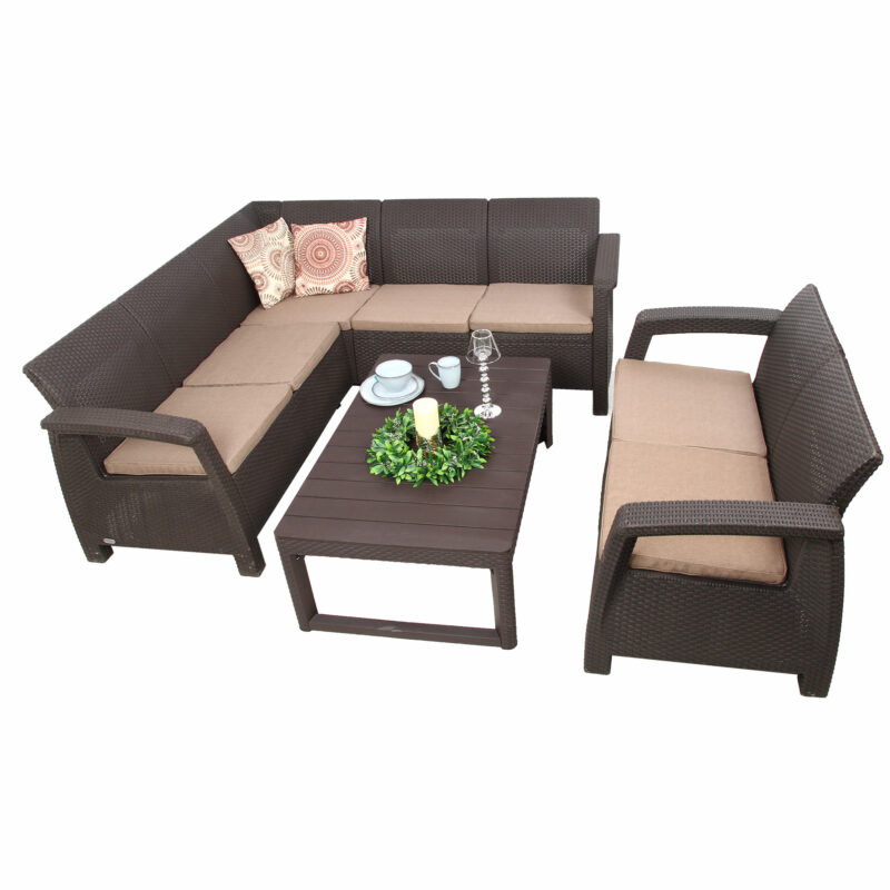 Zestaw Mebli Ogrodowych CORFU Narożnik + Sofa Love Seat 2 + Stół regulowany LYON BRĄZ