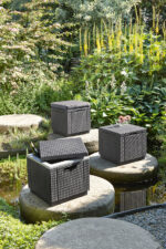 Pufa ogrodowa CORFU CUBE grafit – siedzisko, podnóżek, stolik i schowek 4w1