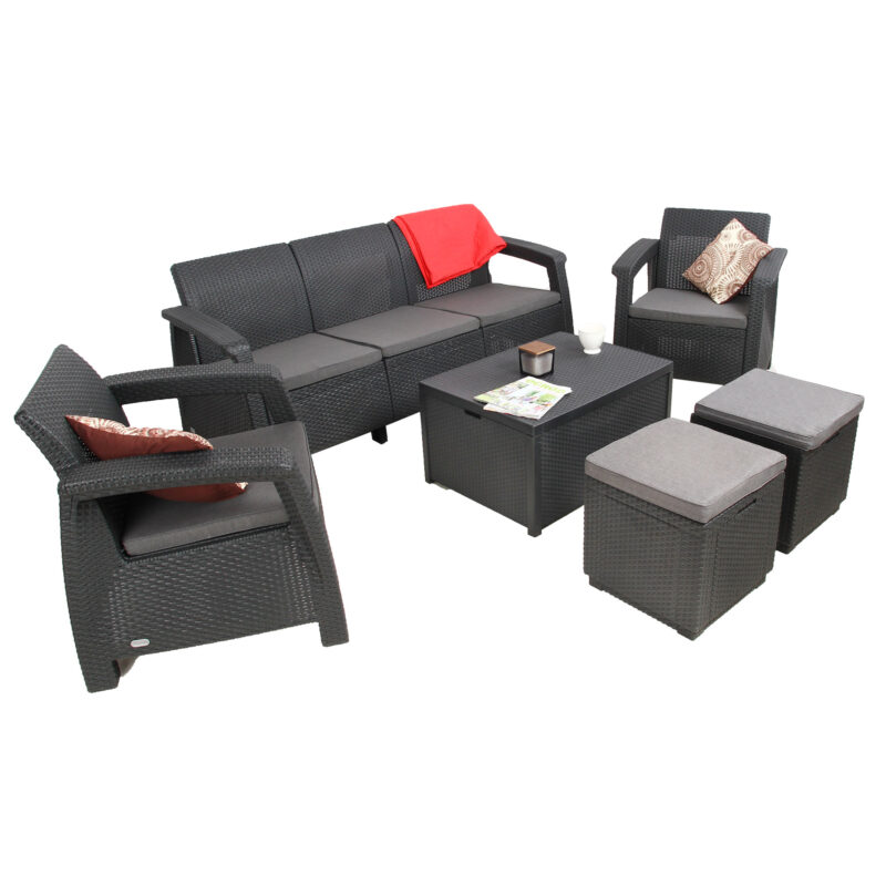 Zestaw Mebli Ogrodowych CORFU Sofa + Stolik ze schowkiem + Pufy + Fotele GRAFIT