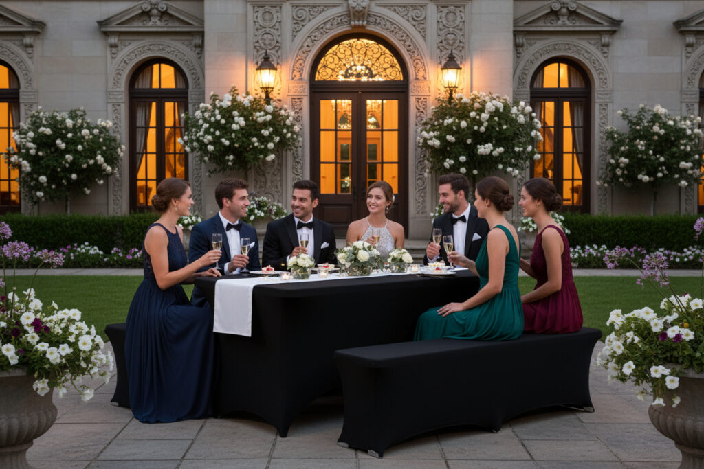 Czarny zestaw cateringowy z pokrowcami idealny na eleganckie przyjęcia