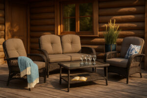 Zestaw mebli ogrodowych PROWANSJA brąz technorattan sofa + 2 fotele + stolik Komplet na balkon taras