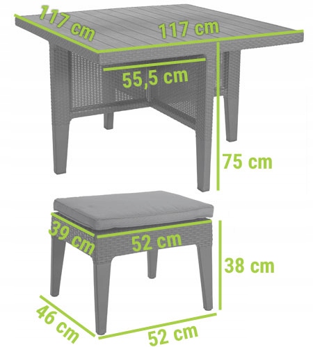 Wymiary stołu i pufa COLUMBIA