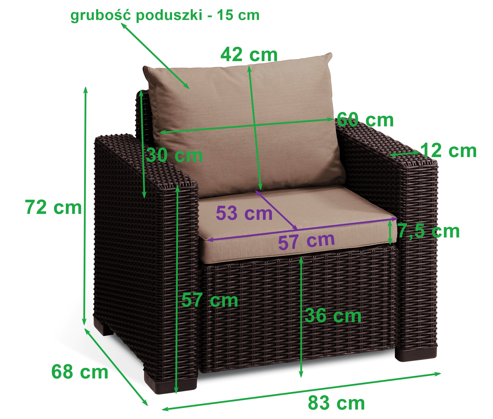Fotel ogrodowy california brąz z poduszkami na siedzisko - wymiary