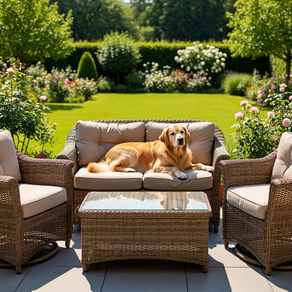 meble ogrodowe odporne na zwierzęta – technorattan na tarasie z psem